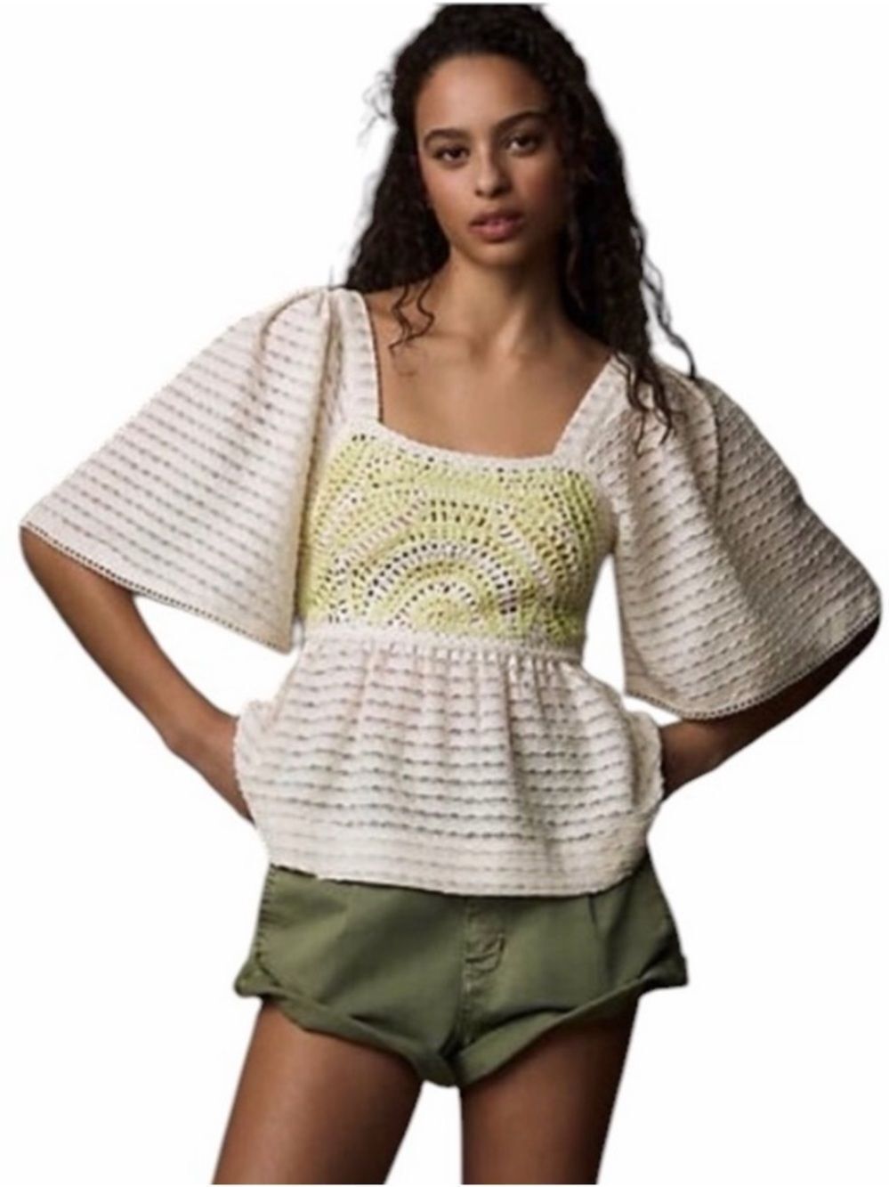 Anthropologie Sarah Hann Flutter-Sleeve Crochet Babydoll Top Size M